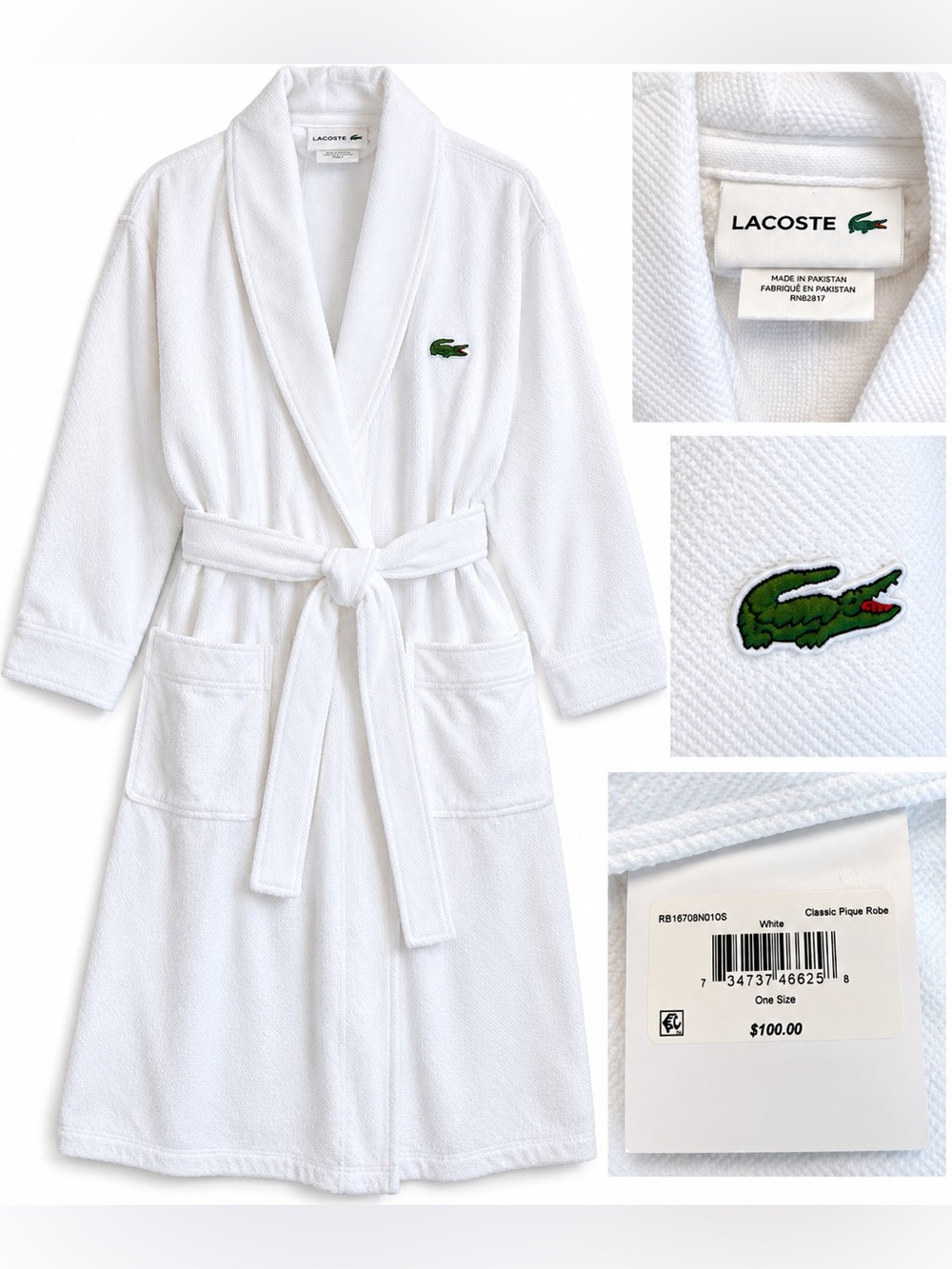 NWT Lacoste Classic Piqué White Bath Robe One Size Unisex $100 MSRP